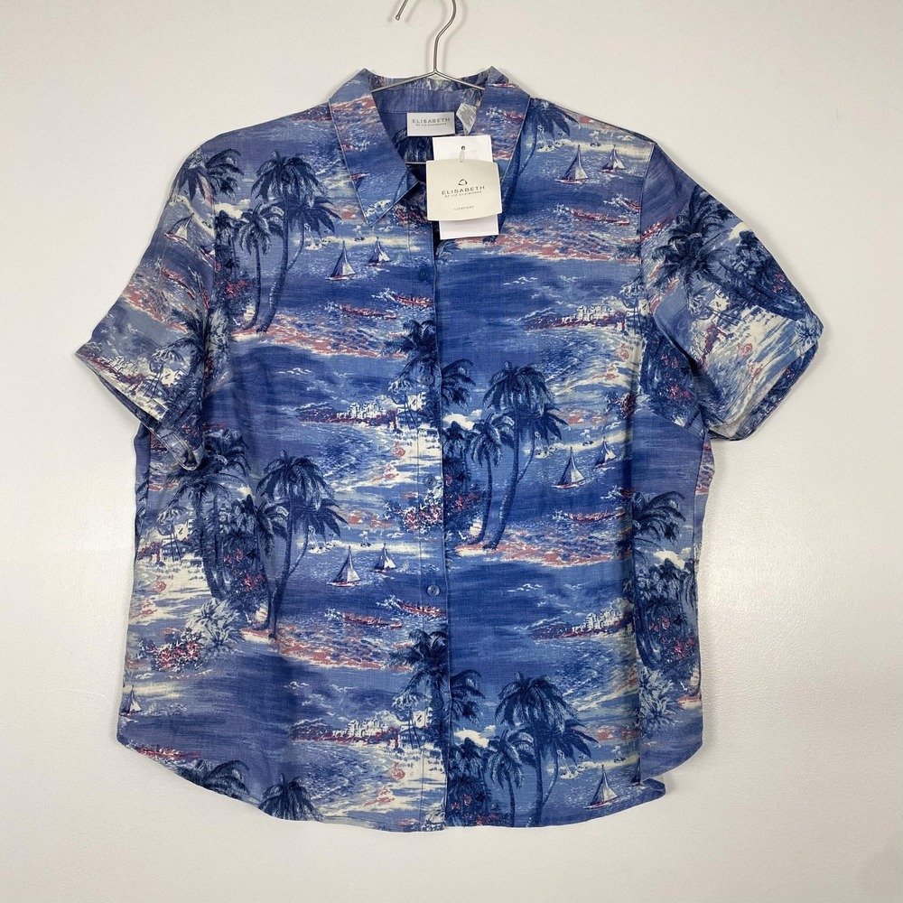 Elisabeth By Liz Claiborne Shirt Womens 1X Plus Blue Linen Tropical Button Front